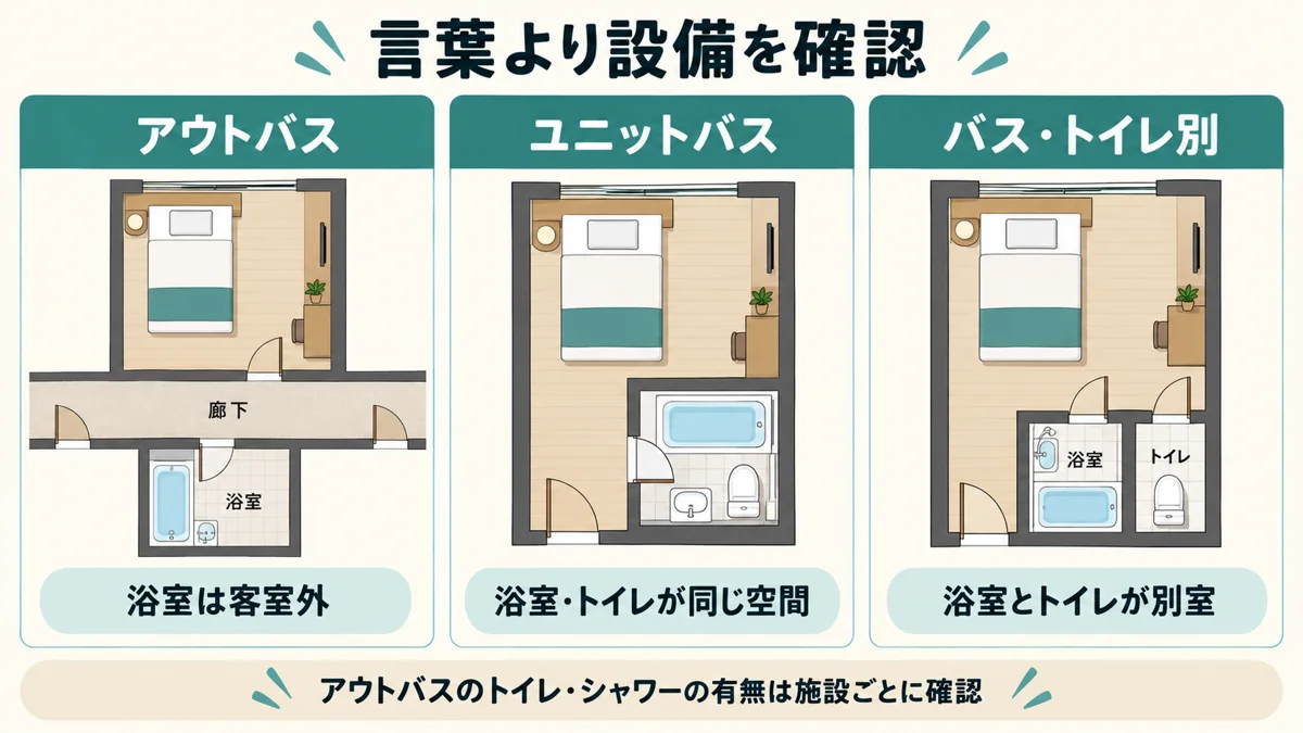 浴室が客室外のアウトバス、浴室とトイレが同室のユニットバス、別室のセパレートを比べた模式図